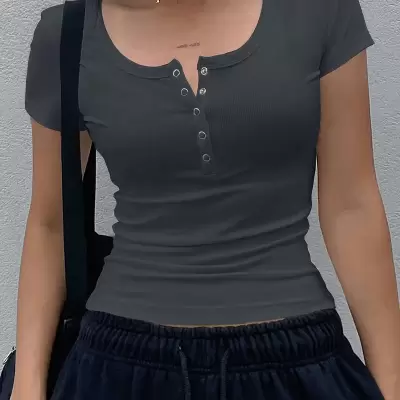 Women'S Slim-Fit Beige Short Sleeve Crop Top with Button Details - Summer Casual Solid Color T-Shirt, Stretchy Polyester Blend