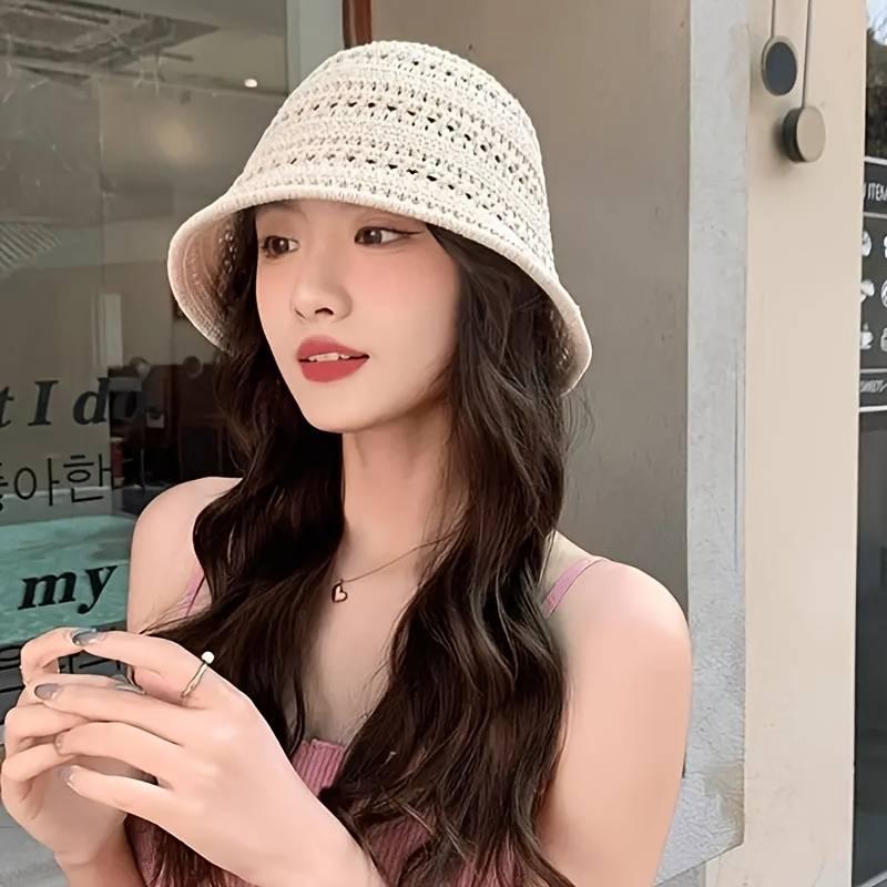 Women'S Crochet Bucket Hat - Lightweight, Breathable Straw Hat with Eyelet Design, Black, Caramel
