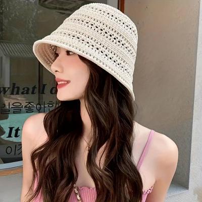 Women'S Crochet Bucket Hat - Lightweight, Breathable Straw Hat with Eyelet Design, Black, Caramel