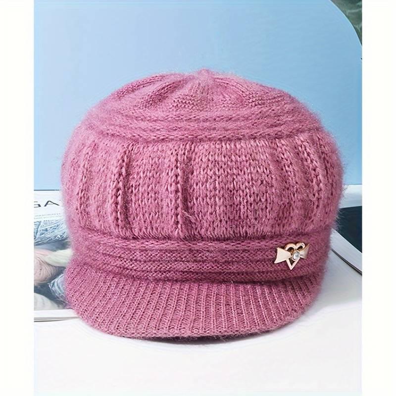 Women's Polyester Knitted Beret Cap with Brim - 100% Polyester, Hand-Washable Winter Beanie, Elastic & Packable Breton