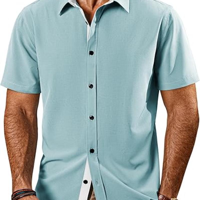 Mens Button Down Short Sleeve Shirts Casual Wrinkle-Free Dress Shirts Summer Beach