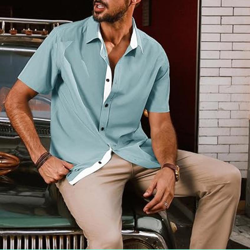 Mens Button Down Short Sleeve Shirts Casual Wrinkle-Free Dress Shirts Summer Beach