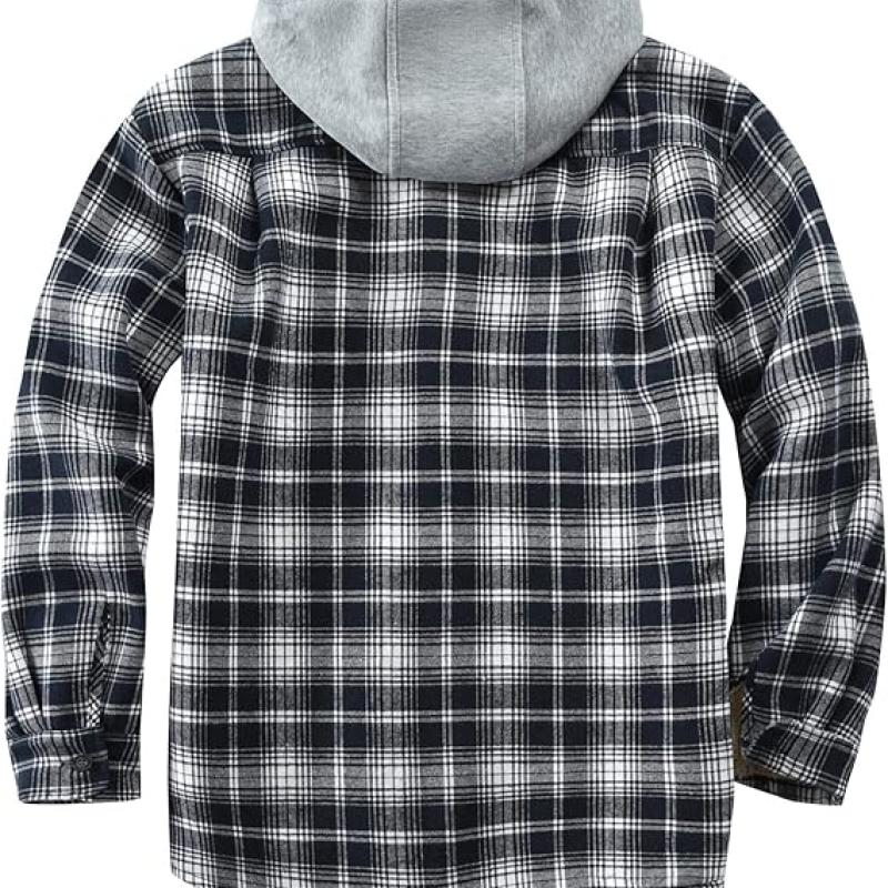 Men's Cotton Plaid Shirts Jacket Fleece Lined Flannel Shirts Sherpa Button Down Jackets with Hood for Men