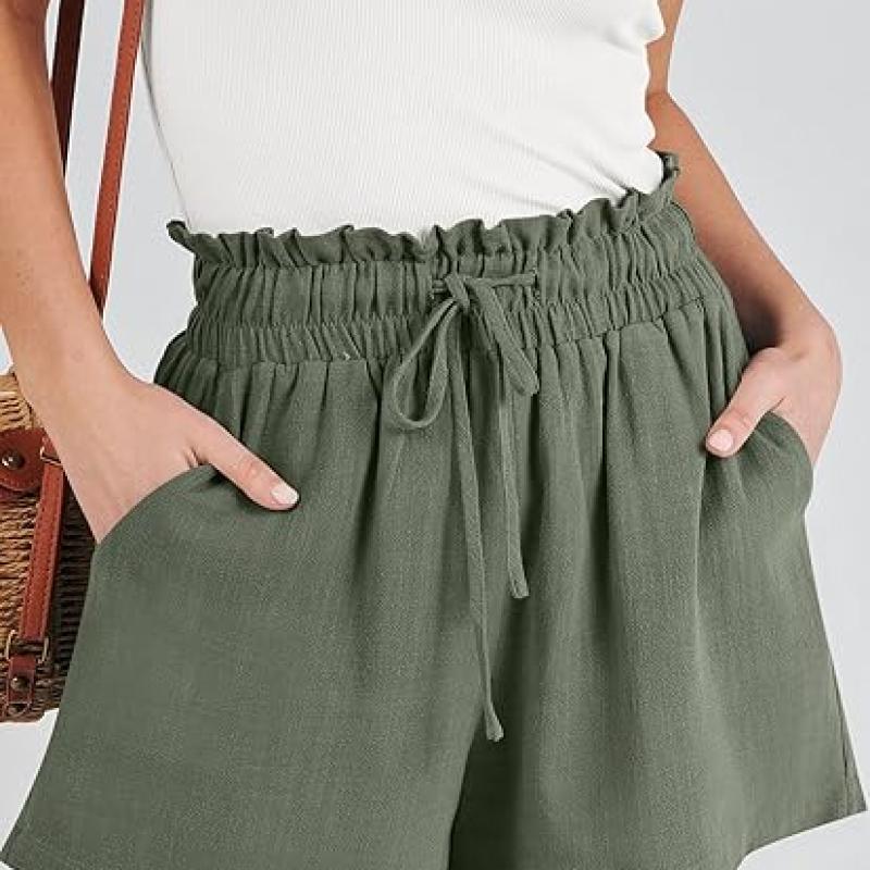 Linen Shorts for Women Casual High Waisted Wide Leg Drawstring Cute Summer Beach Shorts 2024 Fashion Vacation Outfit q