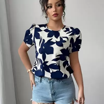 Women's Navy Blue Floral Print Short Sleeve Shirt - Lightweight Summer Casual Button-Up Blouse with Round Neck, Breathable
