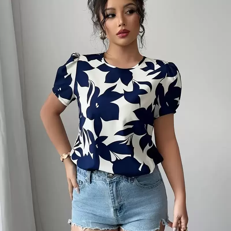 Women's Navy Blue Floral Print Short Sleeve Shirt - Lightweight Summer Casual Button-Up Blouse with Round Neck, Breathable
